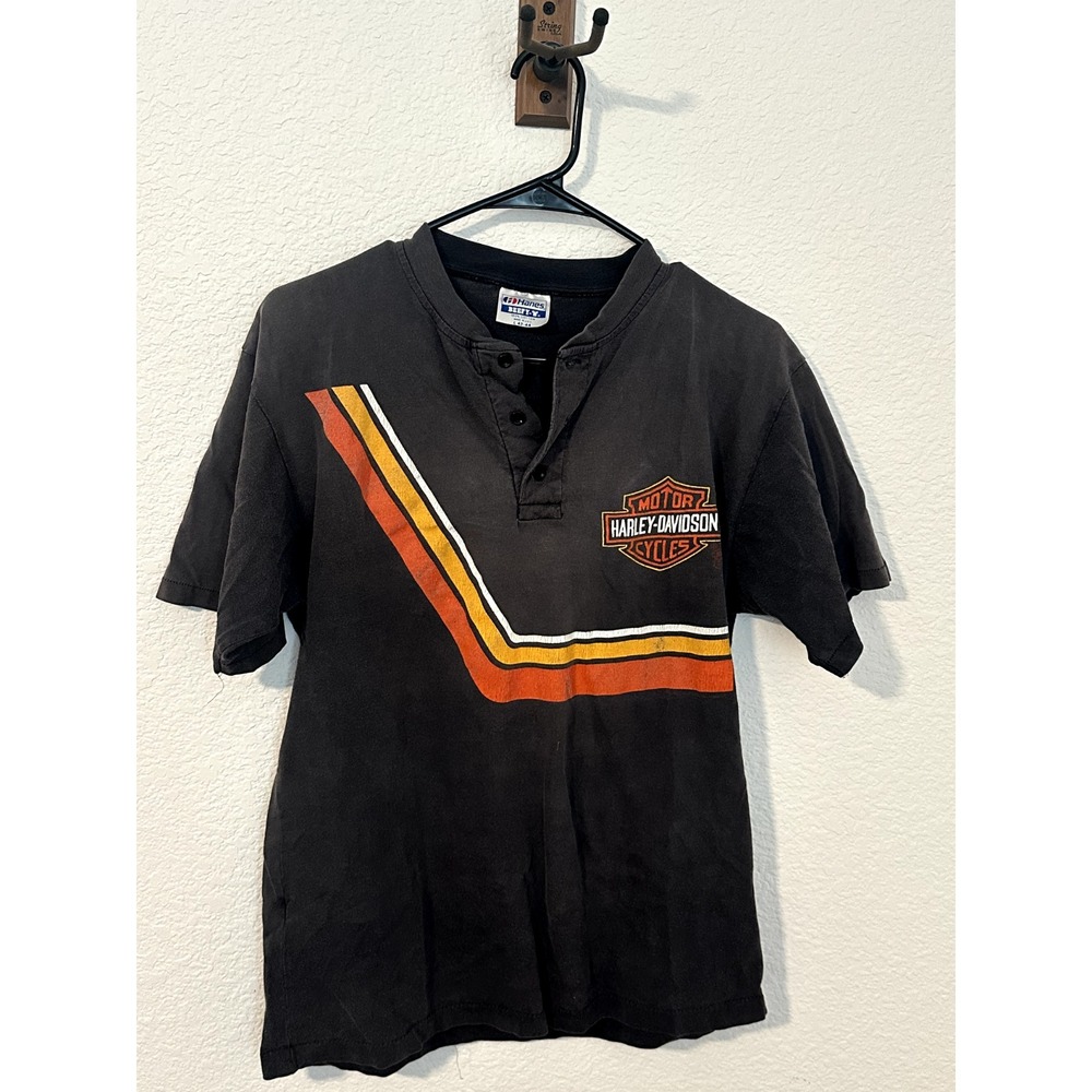 Vintage Grey Harley Davidson Hanes Beefy-T, Size L, Henley, Faded